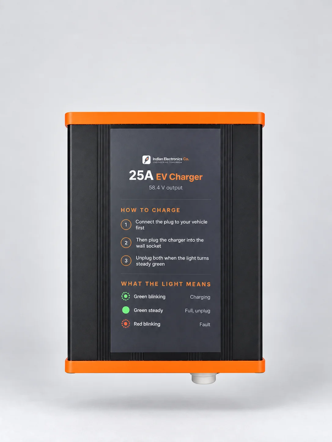 Front view of the IEC-EVC-584L-25A charger with black enclosure and orange end caps