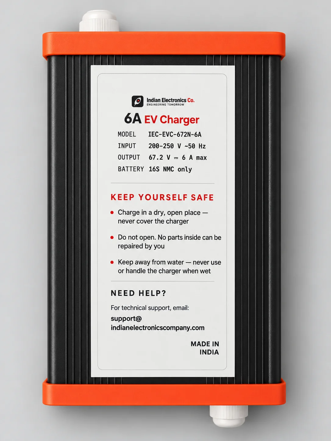 Rear view of the IEC-EVC-672N-6A charger showing its 67.2 V specifications and safety label